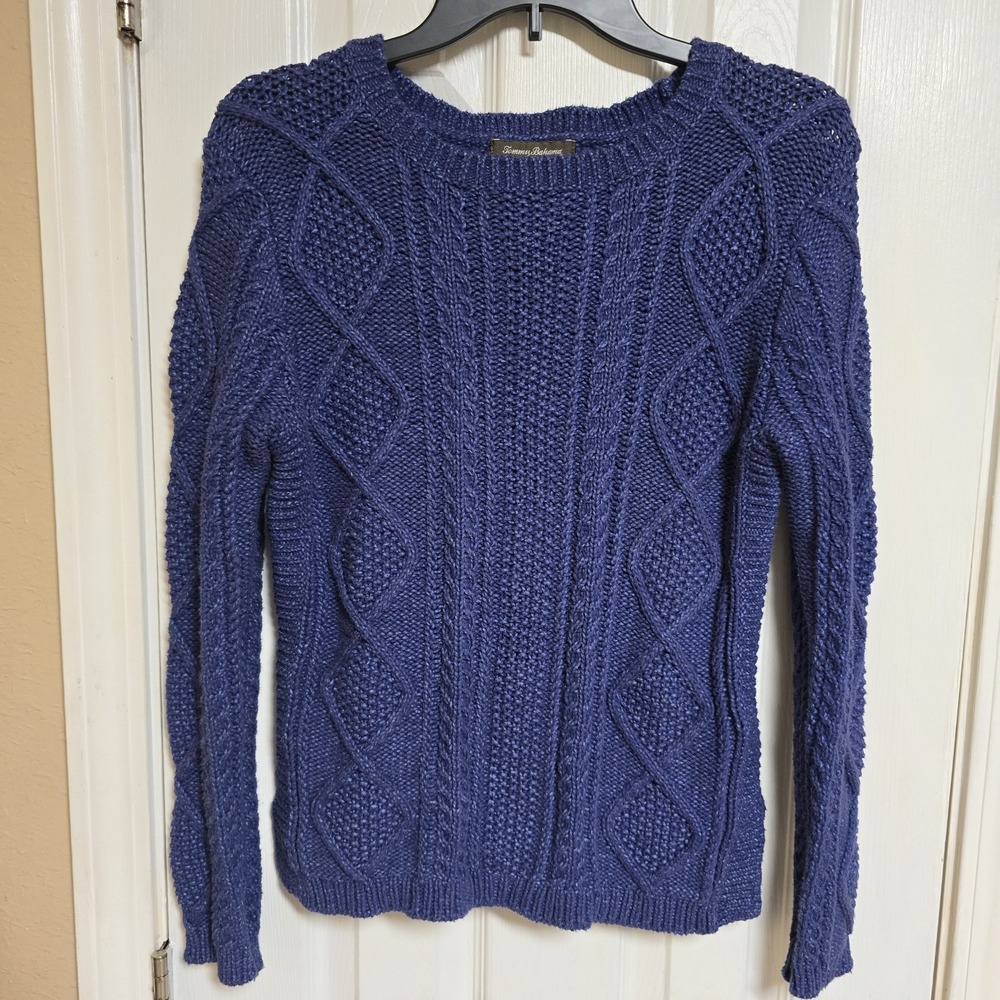 Tommy Bahama Sweater Womens Small Blue Cable Knit Cotton‎ Blend Crew Pullover